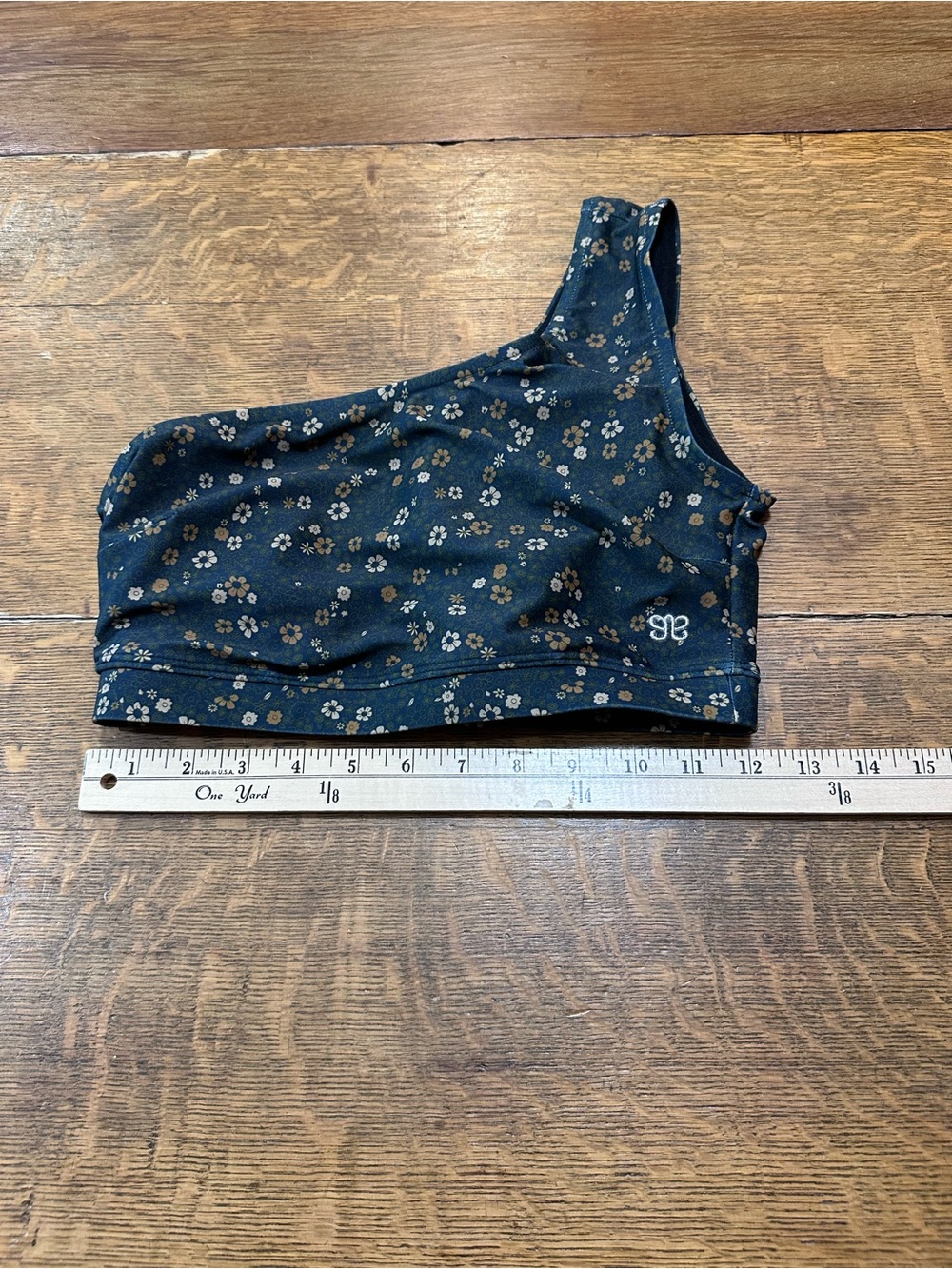 Albion sz small One-Shoulder Floral Swim Crop Top - Black with Tan/Cream Flowers